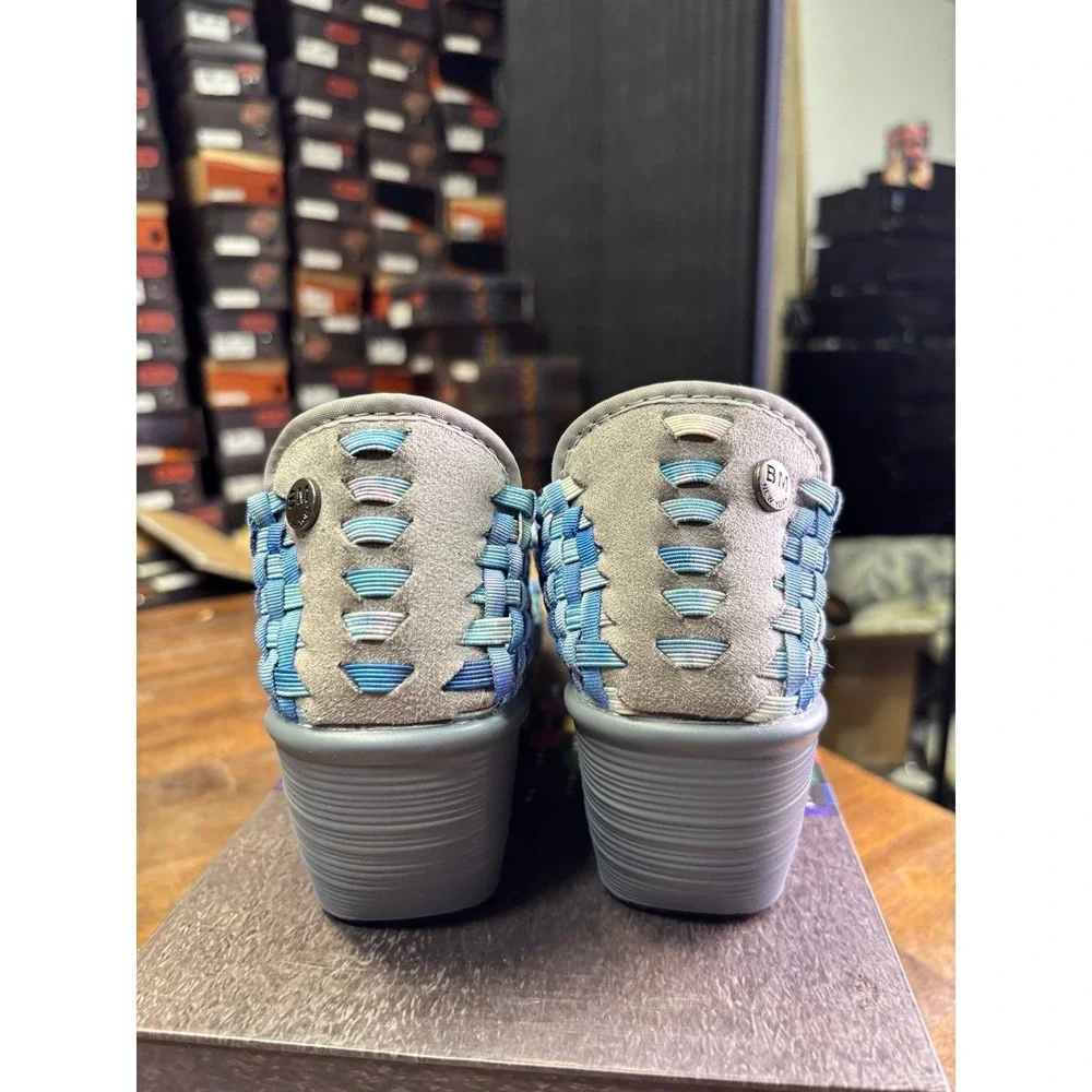 Bernie Mev Hallie Multi Camo Blue Woven Wedge Sandals Size 37 US 6.5-7